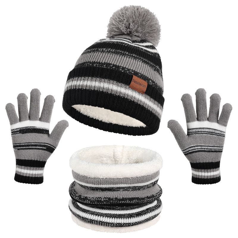 Kid's Fashion children's gloves keep warm in autumn and winter wool hat with velvet lining children's scarf gloves hat three piece set_voghion.com