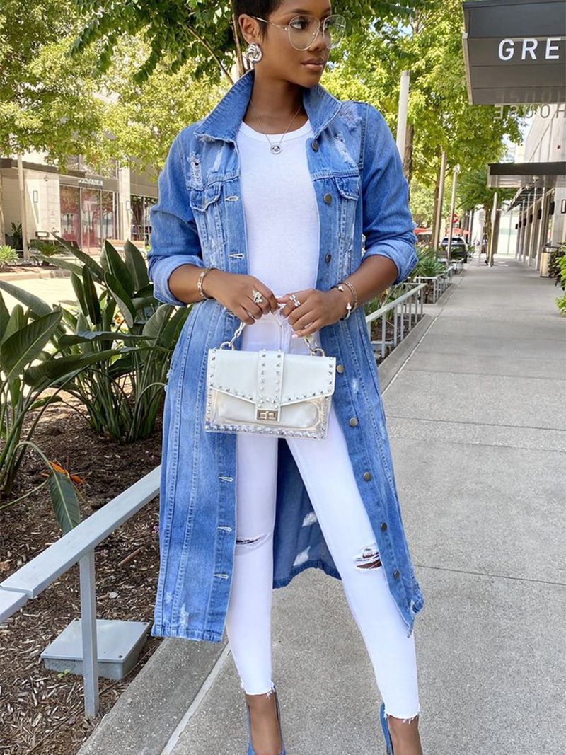 Automne nouveau denim long coupe-vent manteau trou Jean veste femmes_voghion.com