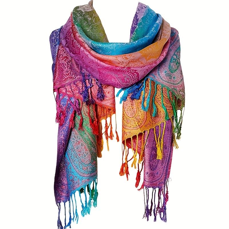 Stioller Jacquard Satin Paisley Scarf With Rainbow Gradient And Tassels, Fashionable Windproof Warm Diaper, Large_voghion.com