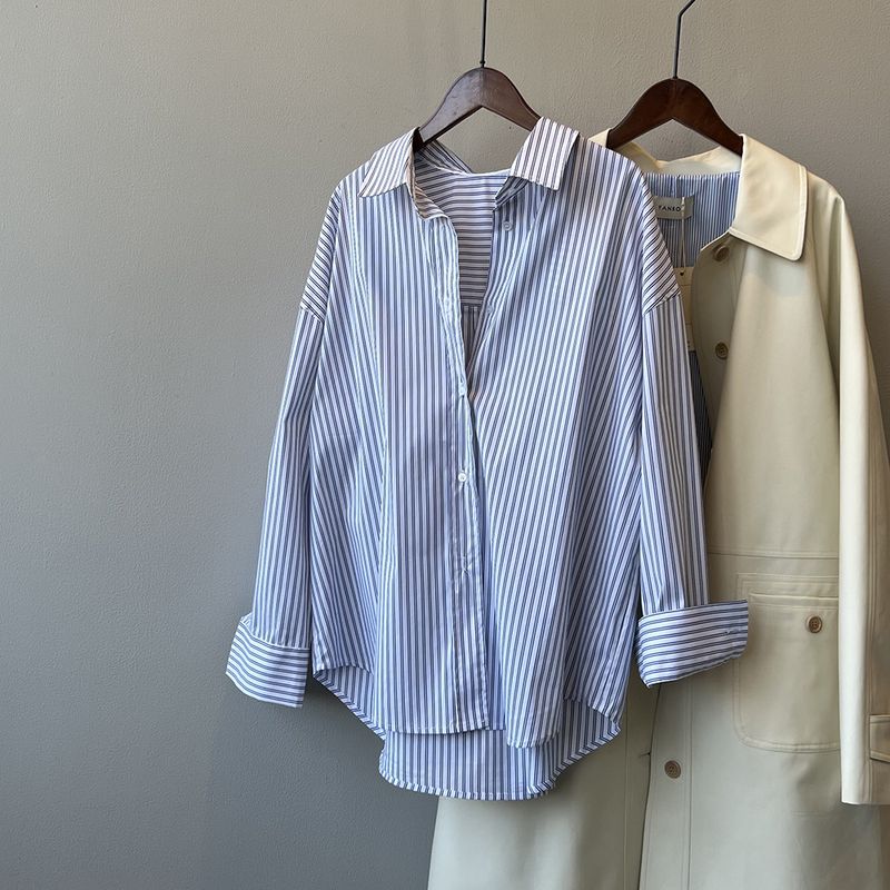 Camicia a righe retrò francese da donna, nuova maglietta a maniche lunghe con design di nicchia_voghion.com