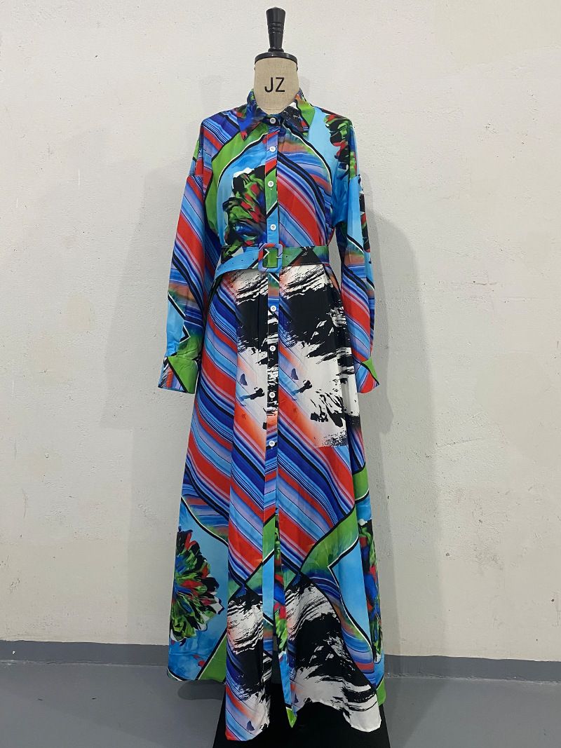 Damenbekleidung neues bedrucktes Kleid langärmlige Strickjacke Gürtel langer Rock_voghion.com