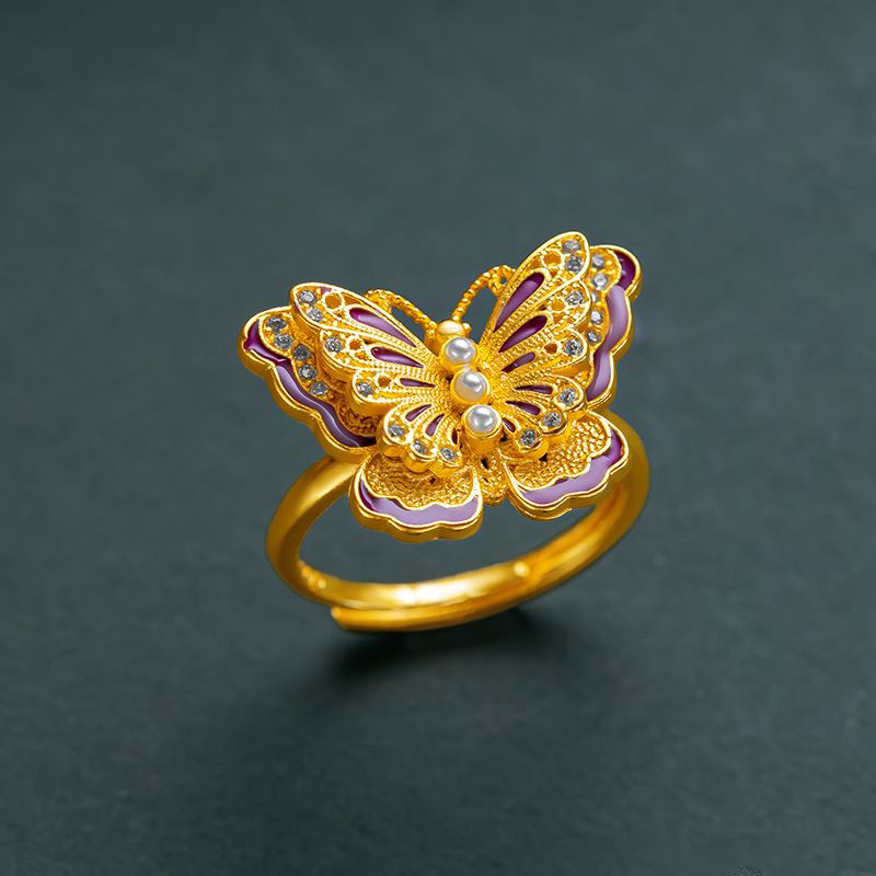 Spitzen-Schmetterlingsperlenring, modischer Doppelschleifenring, Perlen-Verstellring, Nischendesign_voghion.com