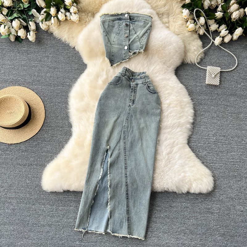 Damenbekleidung Design Jeansanzug Pure Desire Hot Girl Unregelmäßiges kurzes Tube-Top Weste Hohe Taille Geteilter Rock_voghion.com