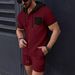 Men's Clothing New Waffle Men's Hooded Color Matching Short Sleeved Cardigan Casual Jacket Shorts Suit_voghion.com