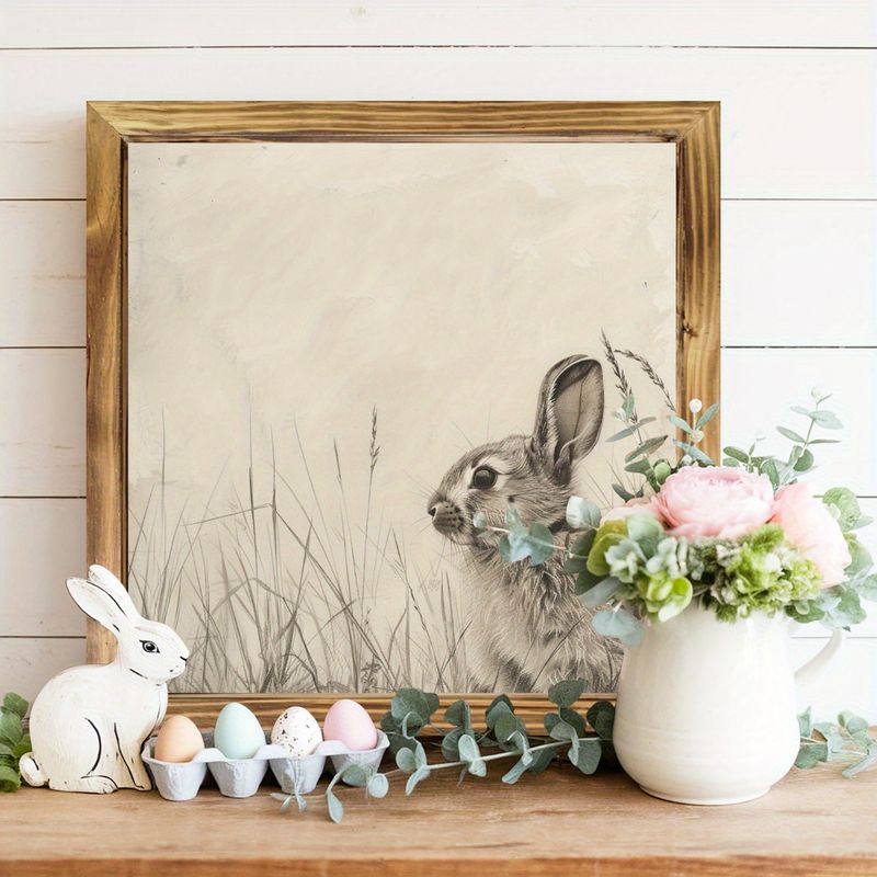 Decorațiune murală rustică cu iepuraș - semn înrămat în lemn de 20x20 cm cu iepure vintage. Decor perfect pentru casă sau ca și cadou de Paște._voghion.com