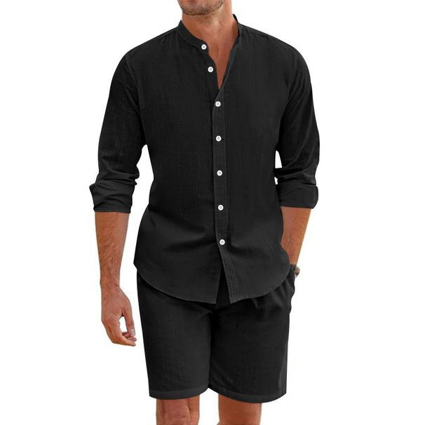 Herren-Set aus Leinenhemd und Shorts – langärmlige hawaiianische Strandkleidung, locker sitzendes, lässiges Sommeroutfit_voghion.com
