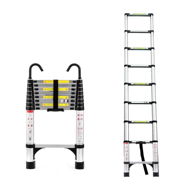 8.5FT Telescopic Ladder, Telescopic Aluminum Alloy Multi-purpose Folding Telescopic Ladder With Hooks And Triangular Support Frame, Suitable For Outdoor Work At Home Or RV_voghion.com