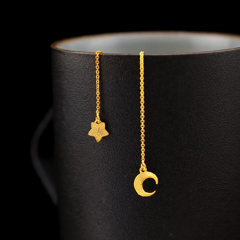Star Moon ear line Vietnam sand gold women's fashion personality temperament gold plated fresh star moon earrings ear line_voghion.com