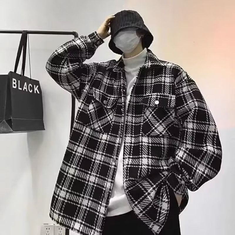 ​​"Men's Houndstooth Plaid Jacket – Trendy Spring & Autumn Casual Coat With Classic Checkered Pattern (Black/White, M-3XL)"​​_voghion.com