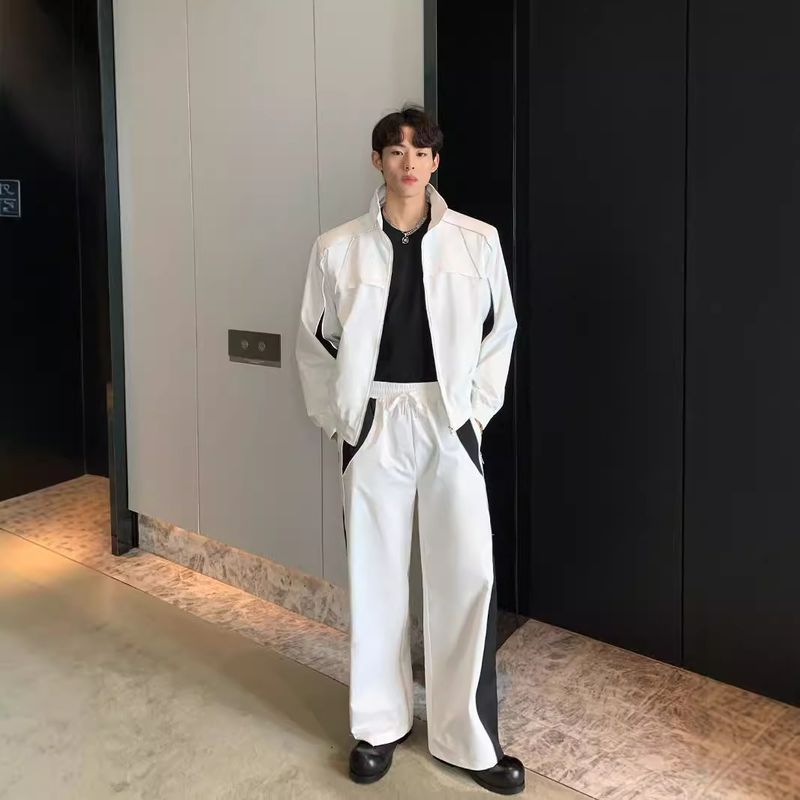 Autumn Color Block Reflective Stand Collar Jacket And Straight Casual Pants Two-Piece Set Trendy_voghion.com