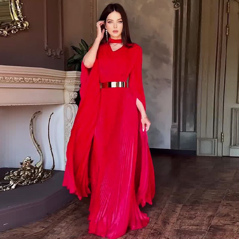 Women's Clothing autumn new V neck mesh splicing high waist slim elegant evening dress_voghion.com