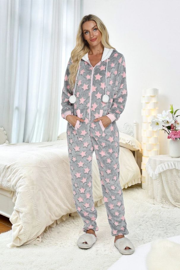 Pigiama termico casual con cappuccio, semplice e comodo, da donna, in un unico pezzo_voghion.com