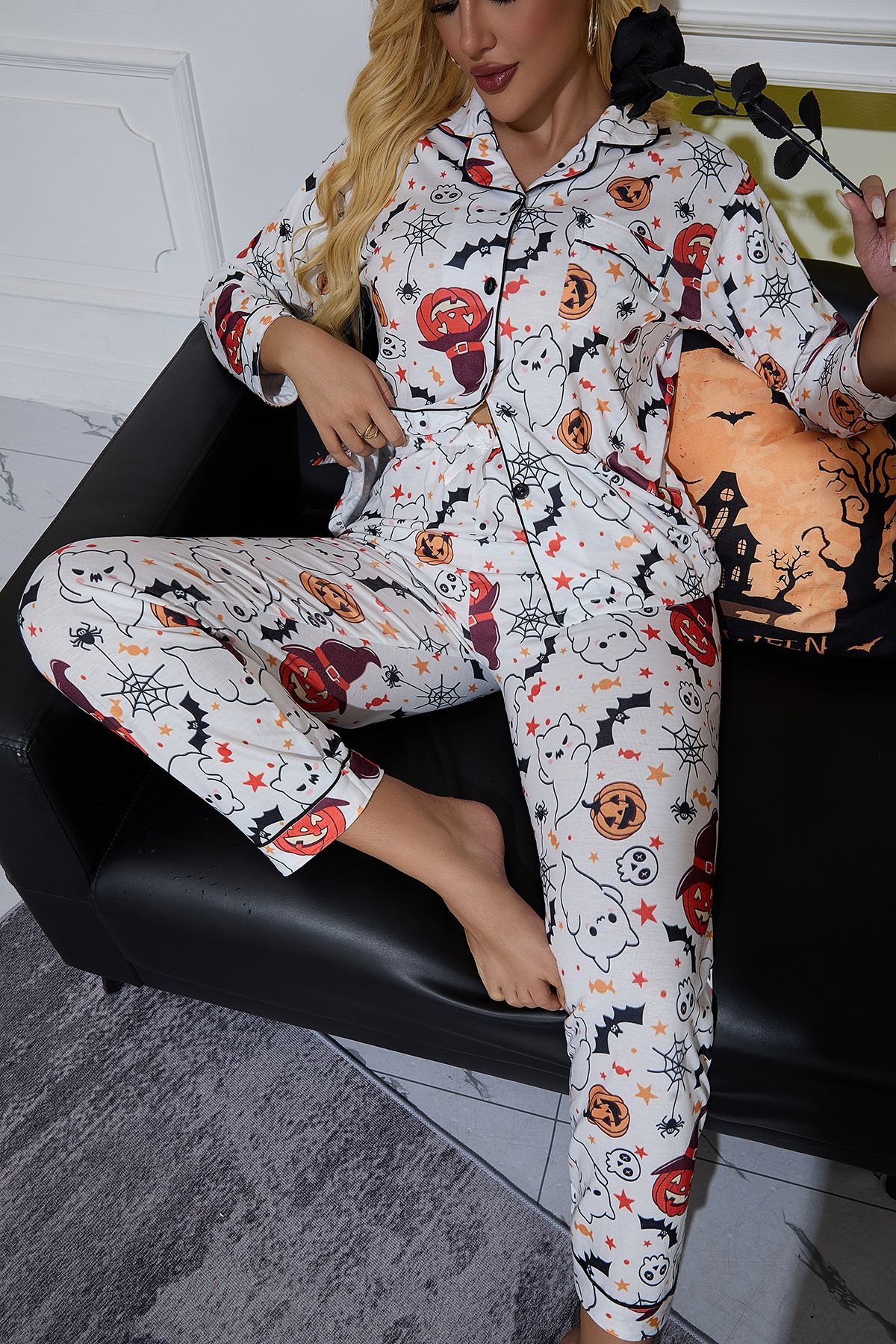 Conjunto de pijama de Halloween feminino – manga comprida e calça com estampa divertida de abóbora (mistura de poliéster aconchegante, estilo camisa com botões, P-GG)_voghion.com