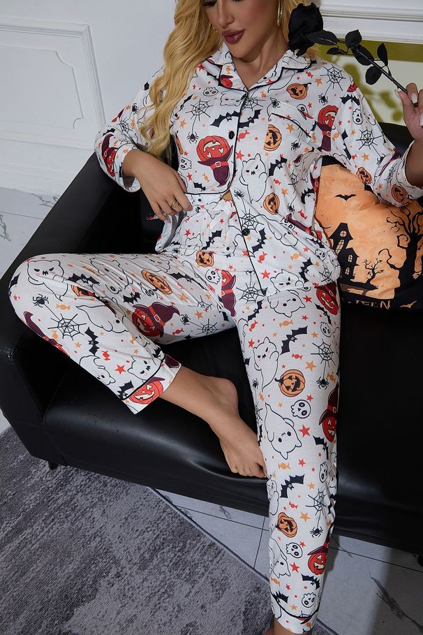 Conjunto de pijama de Halloween feminino – manga comprida e calça com estampa divertida de abóbora (mistura de poliéster aconchegante, estilo camisa com botões, P-GG)_voghion.com