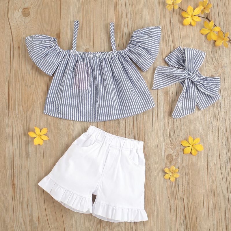 Girls Cotton Striped Bow Top & Elastic Waist Ruffled Shorts Set - Soft Breathable Outfit For Toddlers (90-130cm) - A-Class Safety Certified_voghion.com