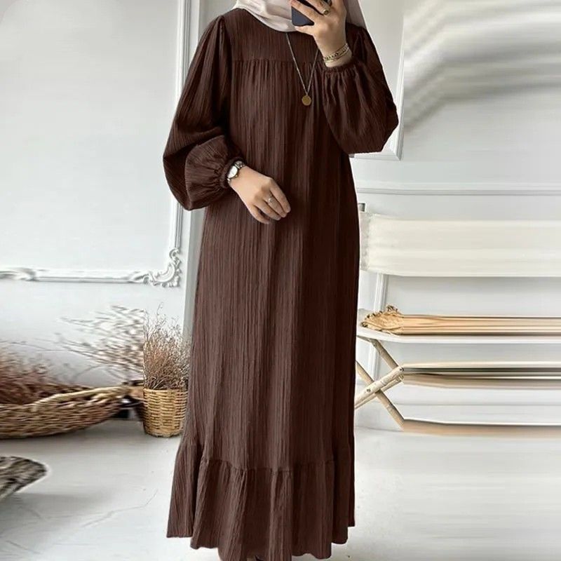 Naisten muoti O-kaula pitkähihainen muslimi Abaya-mekko Vintage Solid Ruffle Helm Sundress_voghion.com