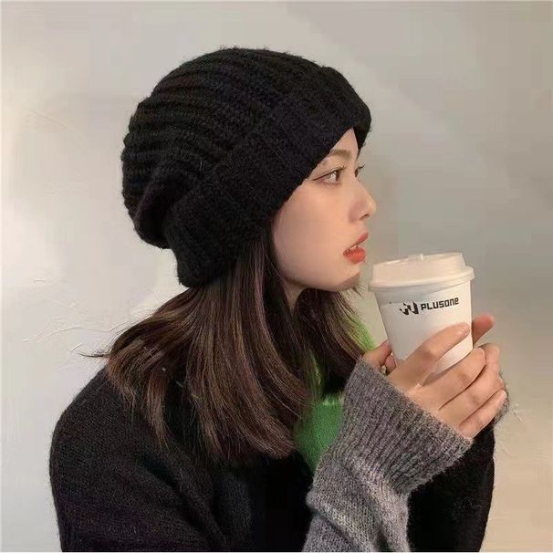 Knitted Hat For Women, Autumn And Winter Korean Style, Versatile, Warm, Double Pom Pom, Plush, Large Head Circumference,_voghion.com