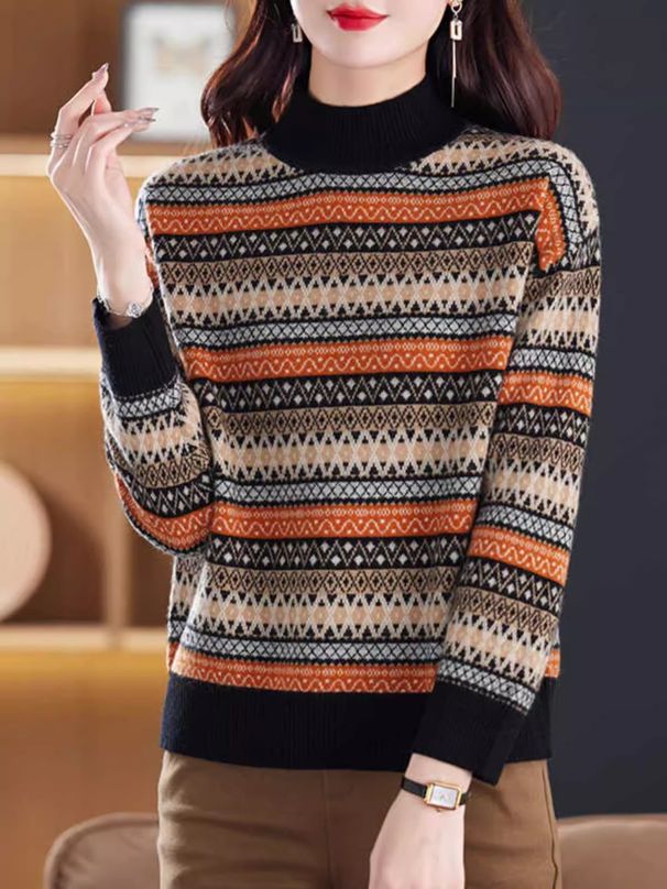 Herbst Winter Gestreifter Strickpullover Halbrollkragen Retro Jacquard Pullover Lässig Schicke Oberteile Modetrends_voghion.com