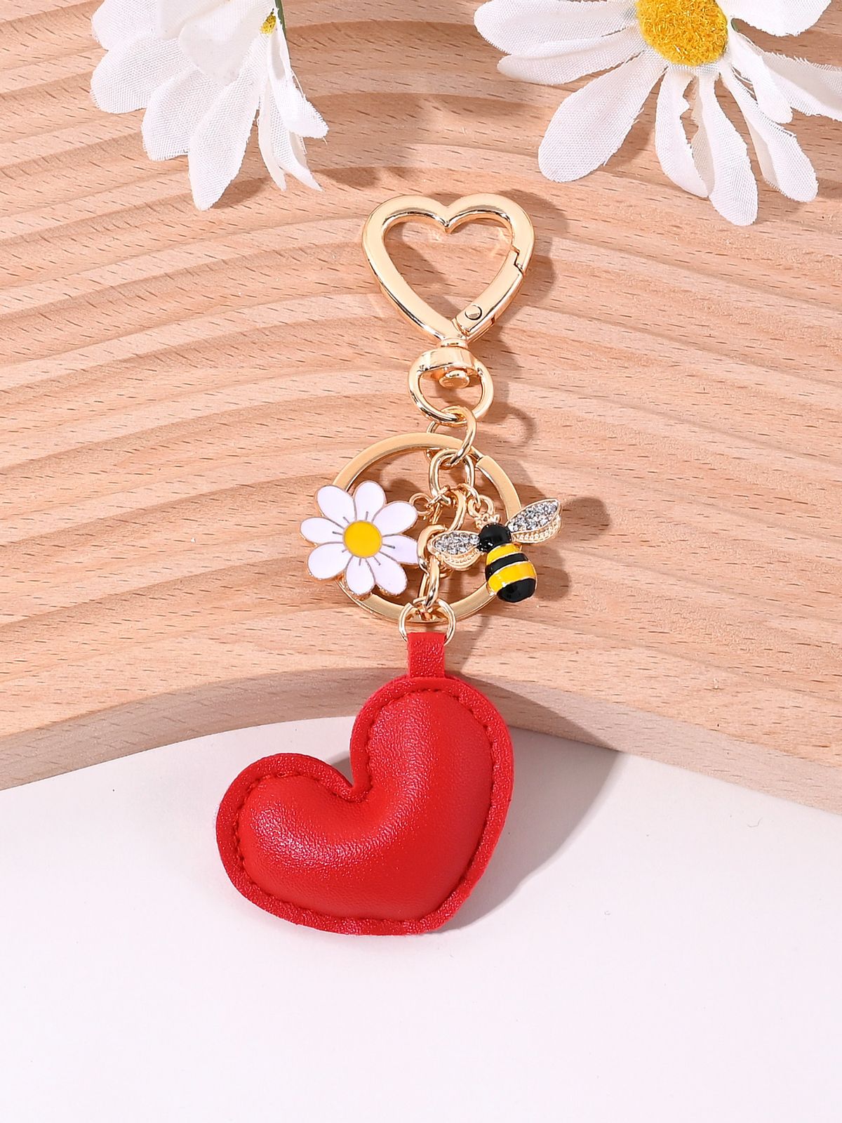 Portachiavi in pelle a forma di cuore, nuovo e grazioso ciondolo a forma di cuore di pesca imbottito in cotone, decorazione per borsa a forma di ape e fiore, piccolo_voghion.com