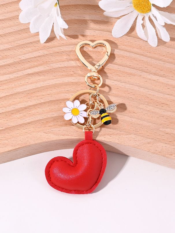 Portachiavi in pelle a forma di cuore, nuovo e grazioso ciondolo a forma di cuore di pesca imbottito in cotone, decorazione per borsa a forma di ape e fiore, piccolo_voghion.com