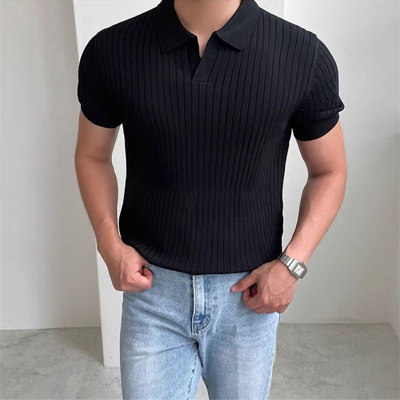 Men's Clothing Summer striped short sleeved POLO Shan men's version of slim lapel solid color casual thin half sleeved knitted tops_voghion.com