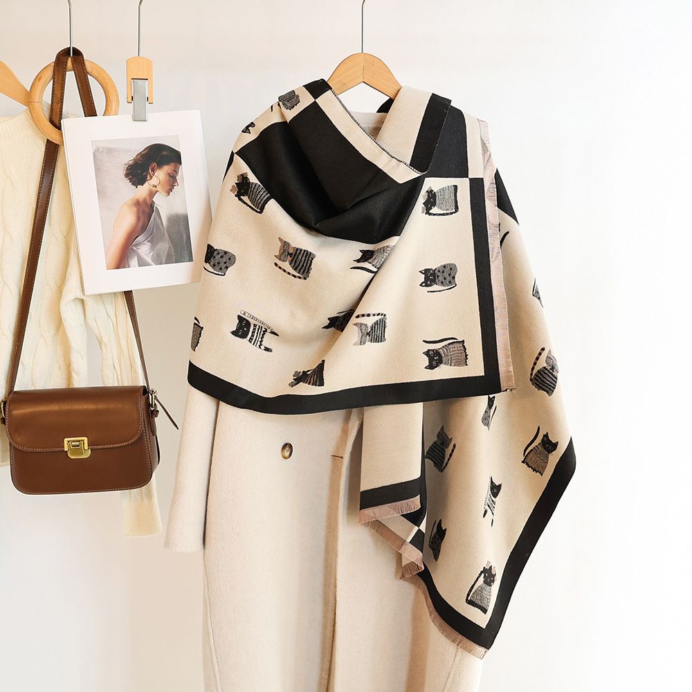Korean Version Cute Little Cat Scarf For Women, Autumn And Thickened Cashmere Shawl, Dual-use Winter Warm Neck_voghion.com