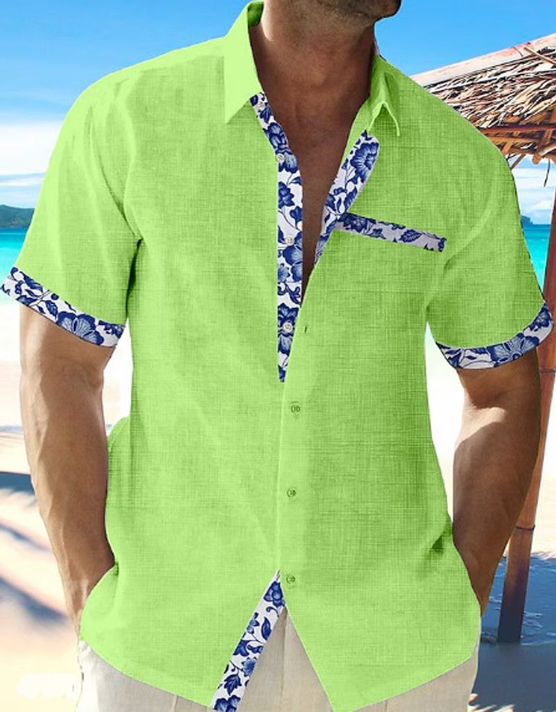 Men's Hawaiian Print Short Sleeve Cardigan - Beach Vacation Shirt With Contrast Cuffs & Placket_voghion.com