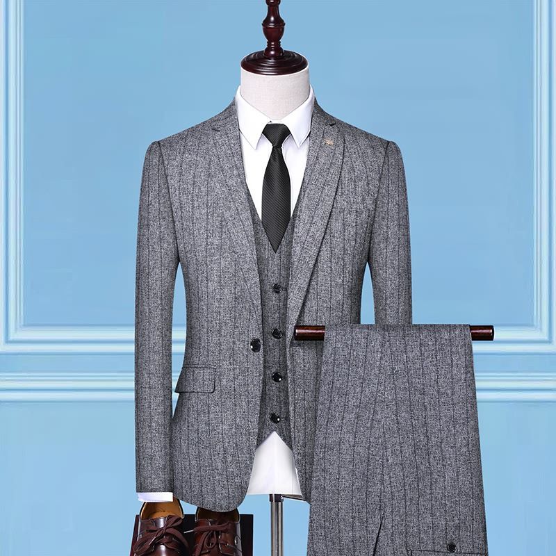 Herren-Frühlingsanzug-Set – Slim Fit, gestreifter dreiteiliger Business-Anzug, maßgeschneiderter Smoking für Hochzeit und Büro mit Weste_voghion.com