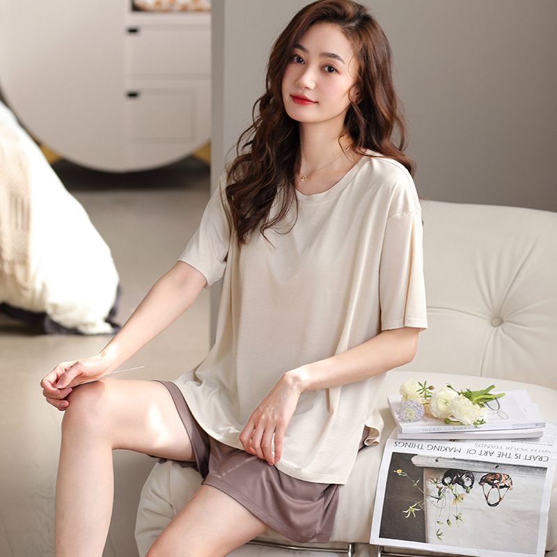 Summer women's Modal short sleeved shorts simple pullover, loose fit for students, spring and summer with chest cushion,_voghion.com