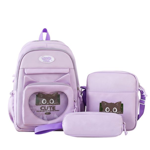 Lightweight Nylon Backpack Set For High School Students - Spacious 3-Piece School Bag With Ergonomic Shoulder Straps, Cute Cat Print_voghion.com