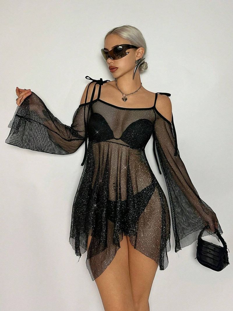 Nieuwe onregelmatige losse pasvorm, uitlopende, lange mouwen bikini-cover-up, off-shoulder doorschijnende strandjurk_voghion.com