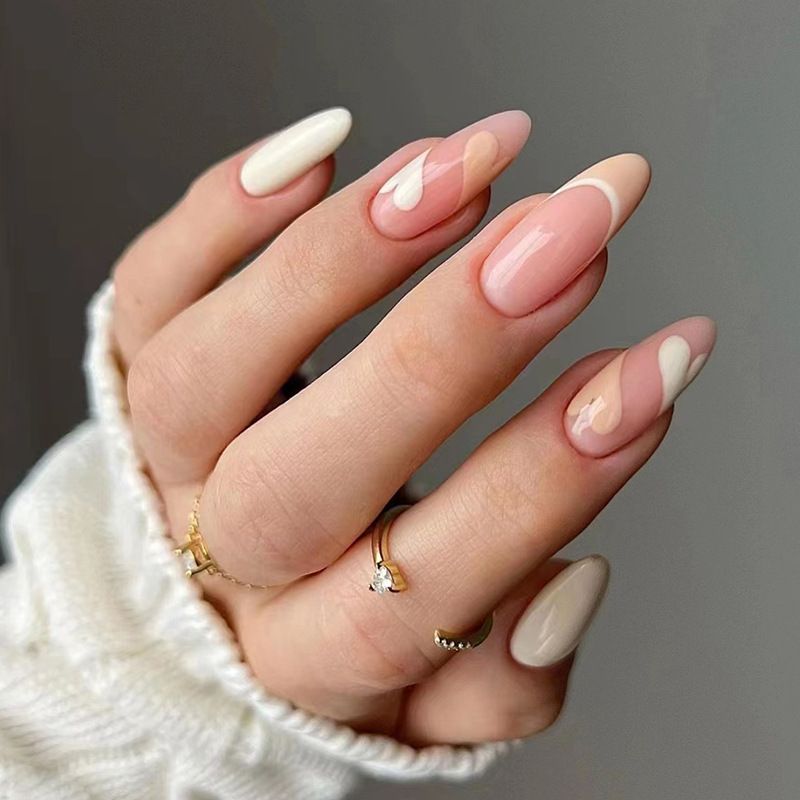 Unghie finte alla mandorla francese da 24 pezzi con strass Unghie finte acriliche a stiletto indossabili con colla bordo bianco Desi_voghion.com