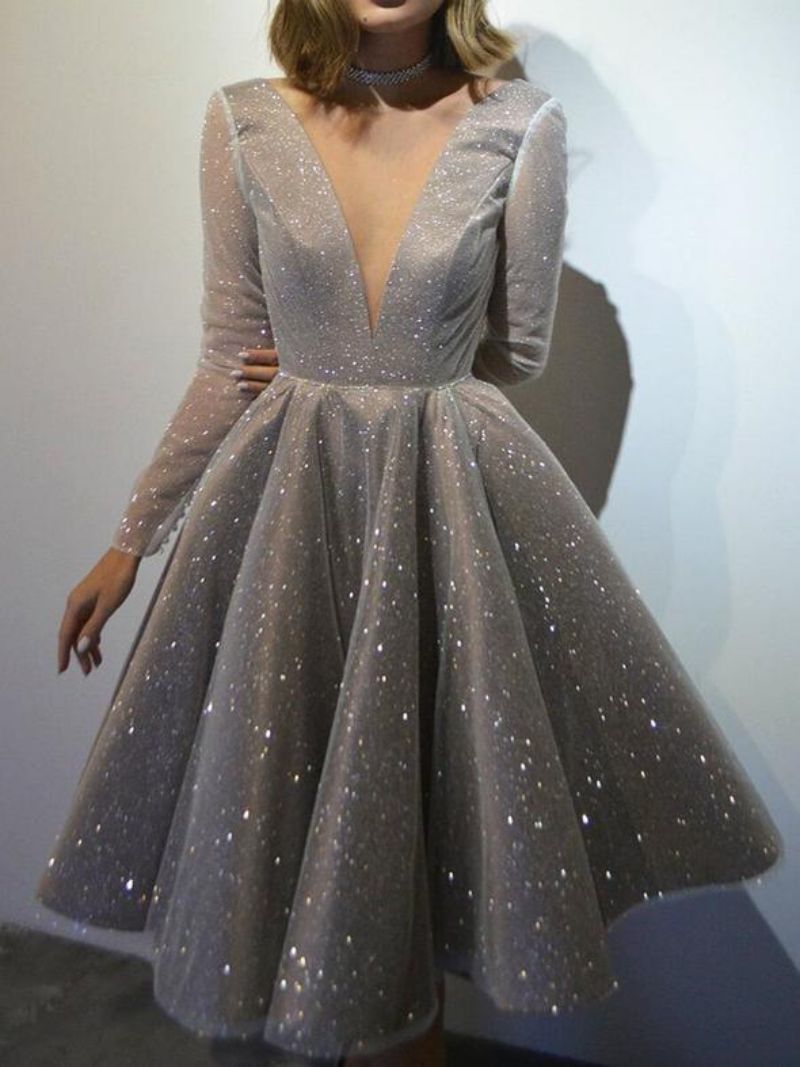 Damenbekleidung Langer Rock Sexy V-Ausschnitt Bedrucktes Gold Langarmkleid_voghion.com