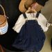 Kid's Clothing 2024 spring and summer new girls' temperament lantern sleeve shirt bow denim suspender skirt set_voghion.com
