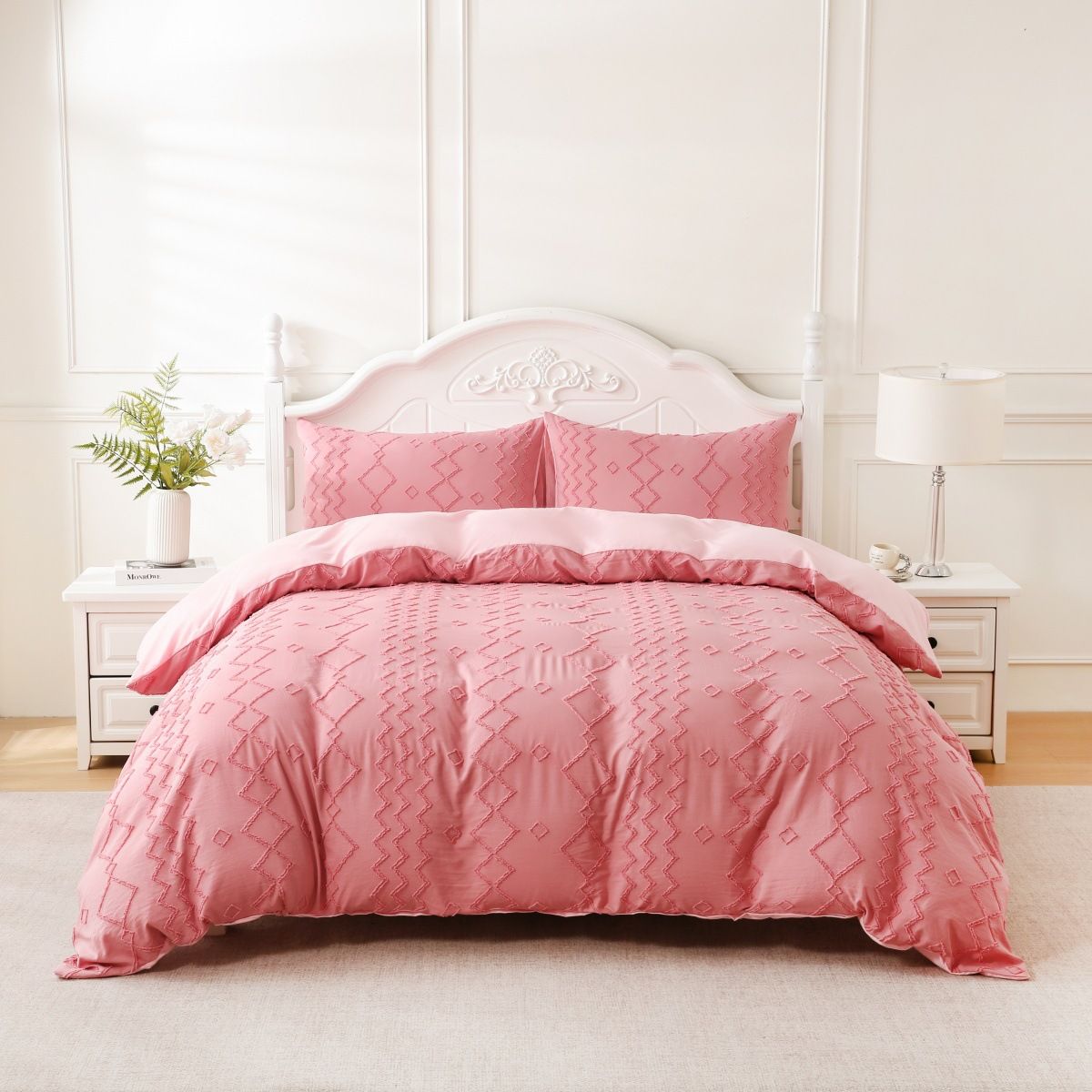 Nordisches geometrisches Bettbezug-Set – 3-teilige Jacquard-Bettwäsche mit altrosa Rautenmuster, Spannbettlaken-Stil_voghion.com