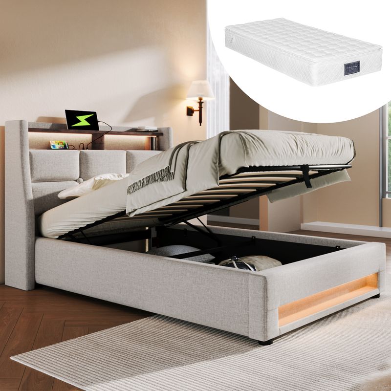 Polsterbed with USB and LED, 90x200 cm Single Bed with Slatted Frame in Metal Construction, Upholstered Bed Frame in Linen Fabric for Kids or Youth (Includes Mattress)_voghion.com
