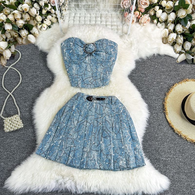 Women's Clothing Summer pure desire hot girl sequin design denim tube top + pleated short skirt fashion suit for women_voghion.com
