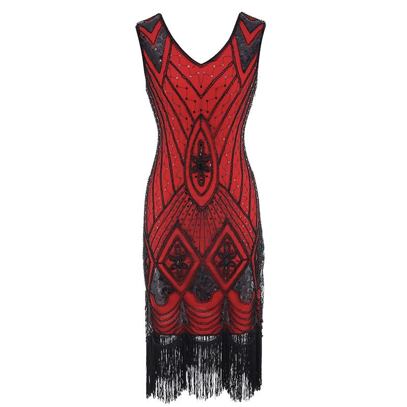 1920S style sequin studded with V-neck fashionable tassel dress_voghion.com