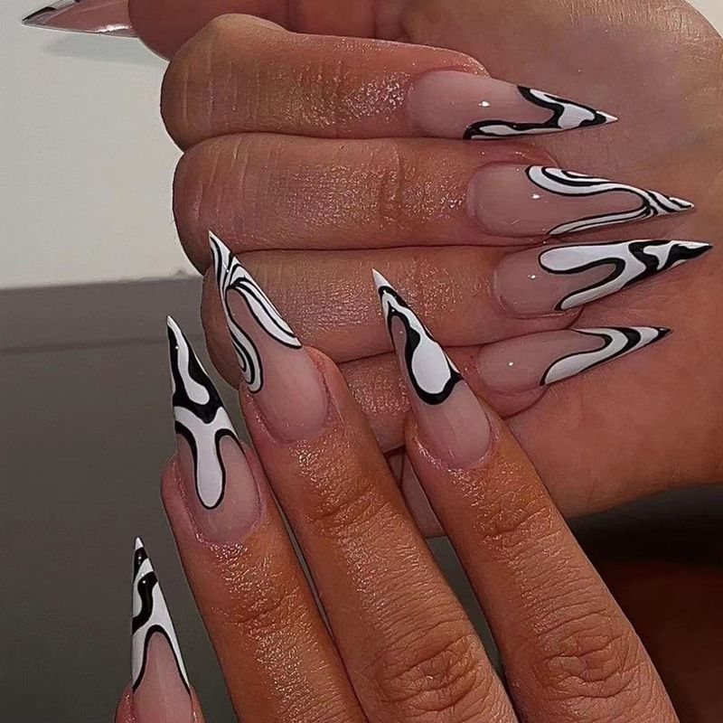 Lange Stiletto 24 Stuks Kunstnagels Amandel Nep Nagels Rode Franse Vlinder Patroon Ontwerpen Druk op Nagels Spike Re_voghion.com