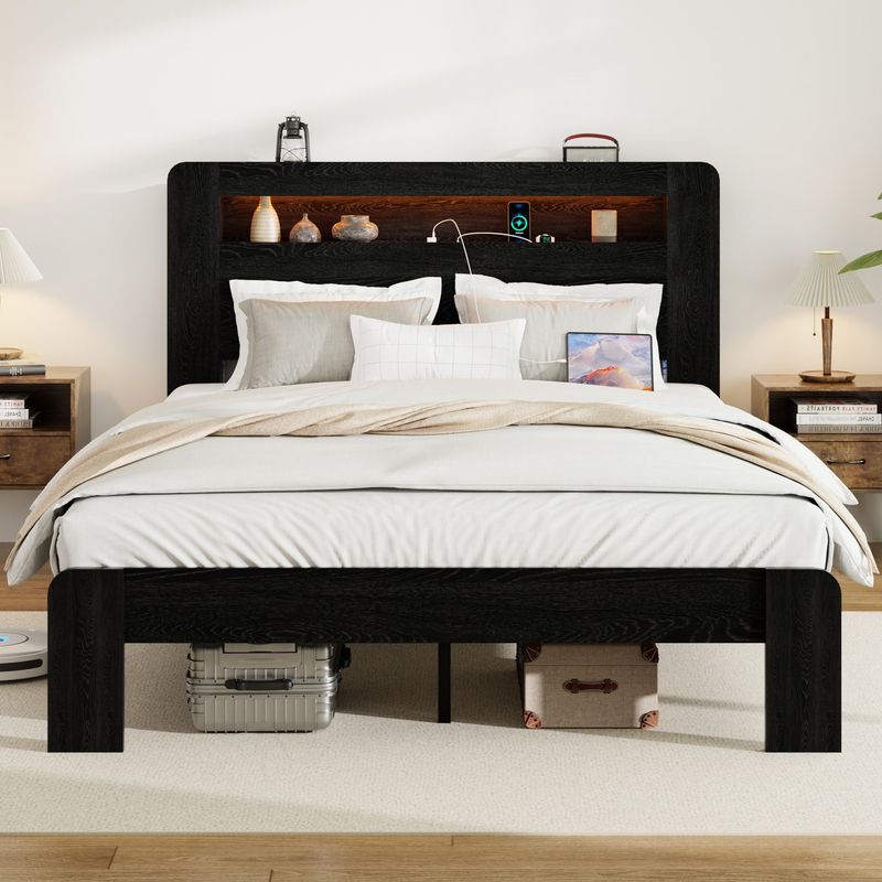 Bed Frame Queen Size, Wood Platform Bed Frame With Storage LED Light Headboard And 2 USB , Noise Free,No Box Spring Needed And Easy Assembly Tool,Large Under Bed Storage,Dark Black_voghion.com