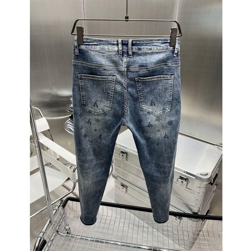 Abbigliamento maschile Jeans colorati chiari Pantaloni skinny slim alla moda casual strappati stampati da uomo, tutti abbinati, a nove punte_voghion.com