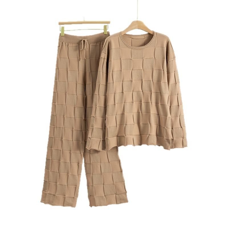 Freizeit-Strickanzug mit K-Quadrat-Gitter für Damen, neues, lockeres Zweiteiler-Set aus Pullover in Übergröße und Hose mit weitem Bein._voghion.com