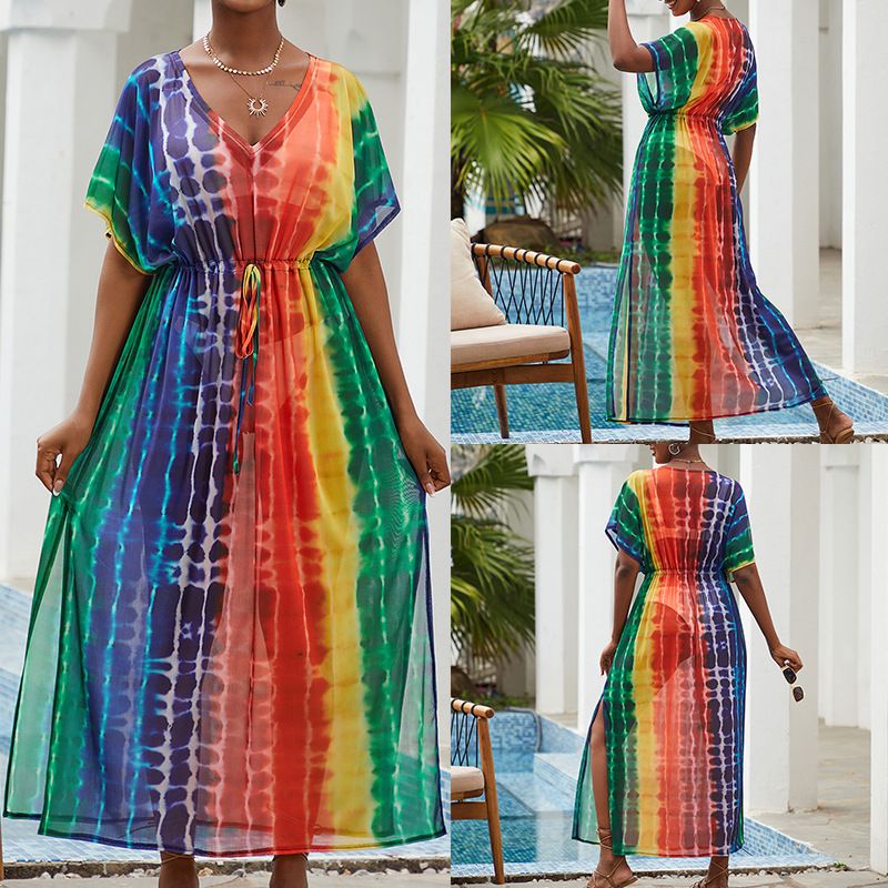 Breathable Mesh Rainbow Beach Cover-Up Dress, Flowy Long Sleeve Bikini Swimsuit Cover, Lightweight Lace Sheer Kimono For Women_voghion.com