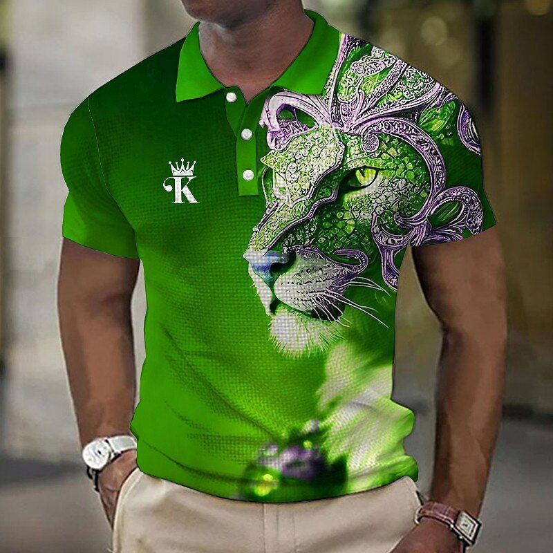 Men's Polo shirt with button up lapel, golf shirt, animal lion pattern, rolled edge, street short sleeved printed_voghion.com