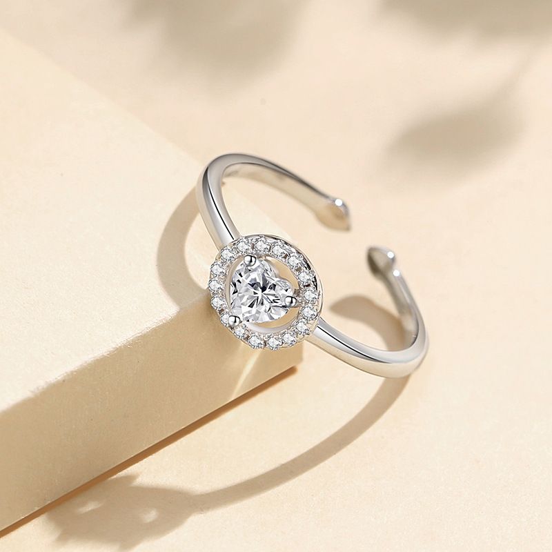 Bague pour femme en argent sterling 925, motif géométrique, sertie d'un zircon en forme de cœur, anneau ouvert réglable, design élégant et minimaliste._voghion.com