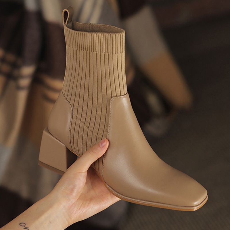 Jesienno-zimowa nowe skarpetki do kostki buty damskie moda duże rozmiary krótkie buty z dzianiny wsuwane wysokie obcasy Botas De Mujer_voghion.com