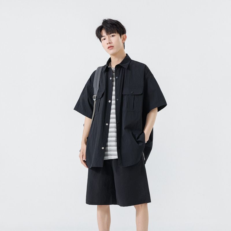 CT Thin Work Short Sleeve Trendy Plus Size Casual Five-Point Pants Shirt Summer Set Men_voghion.com