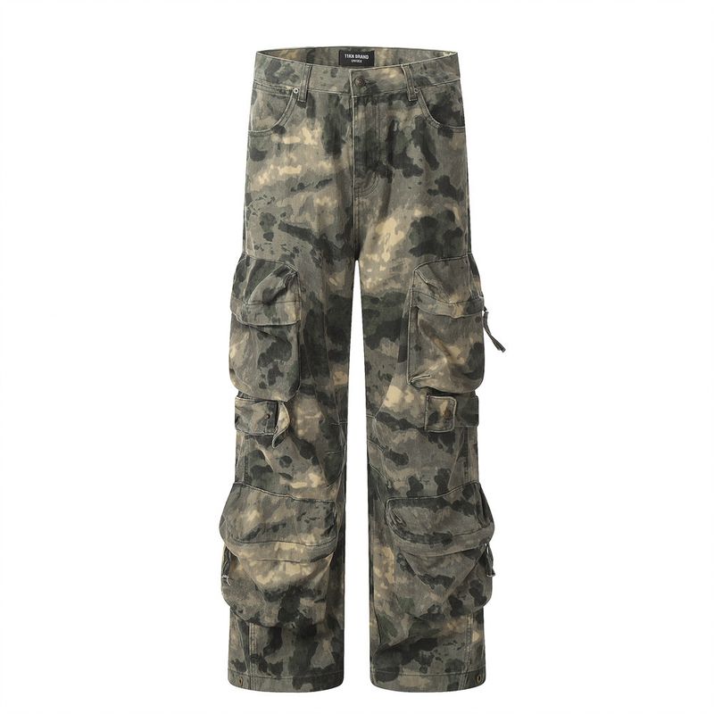 Men's Clothing Mountain Outdoor Multi Pocket Workwear Tie Dye Camouflage Pants Men's Trendy Functional Tactical Pants Loose Straight Trousers_voghion.com