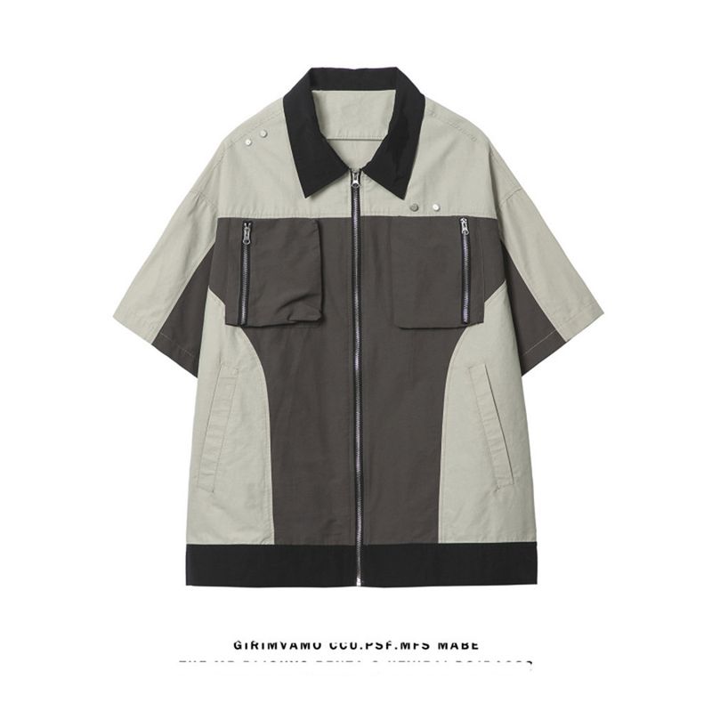 Men's Clothing  cityboy work shirt men's short-sleeved summer thin patchwork shirt retro high street three-quarter sleeve jacket_voghion.com