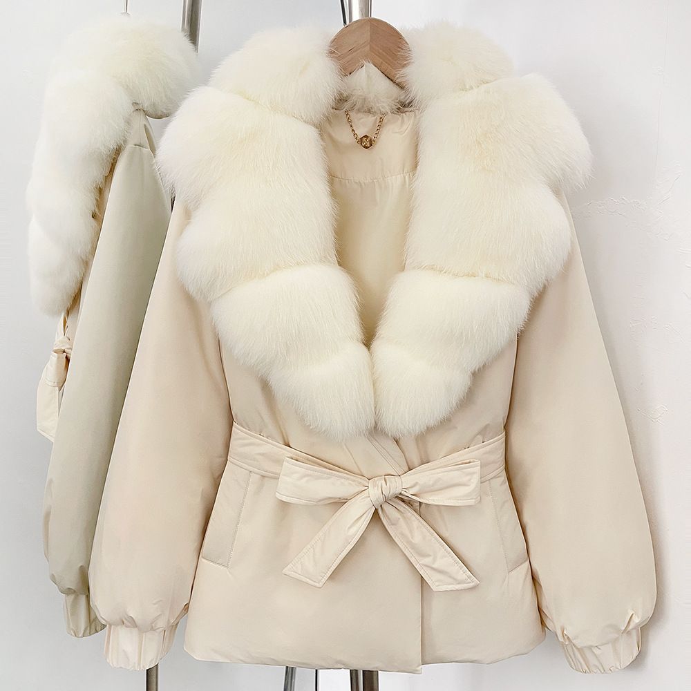 Piumino da donna con collo in pelliccia di volpe di alta qualità – Cappotto invernale di media lunghezza e vestibilità ampia (cachi, nero, bianco sporco, marrone, dalla S alla XXL)_voghion.com